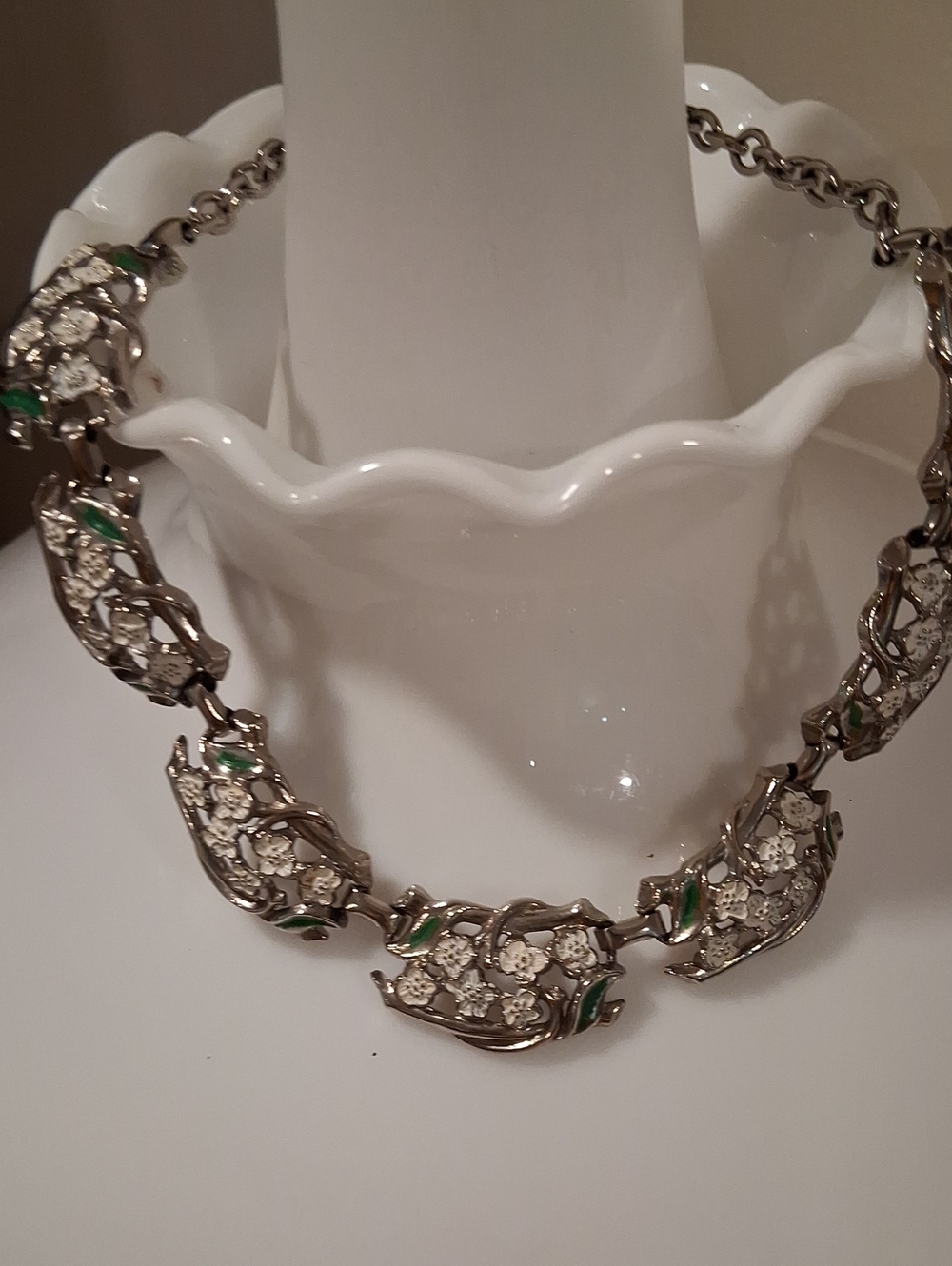 Silver-Tone Floral Crystal Necklace with Green Accents Choker